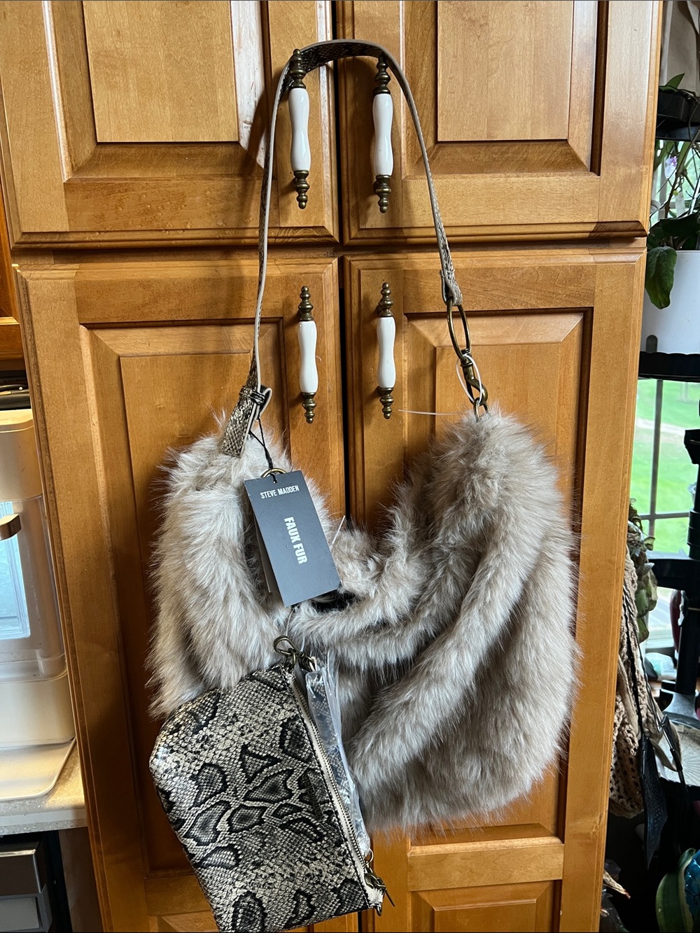 Steve Madden Faux Fur Hobo Bag with Snake-Print Pouch/Crossbody Viral 2 bags!